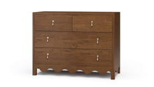 Load image into Gallery viewer, The Bramble Chloe 4 Drawer Dresser combines timeless craftsmanship with a distinctive scalloped apron and clean, versatile proportions. Crafted from solid mahogany, it features two smaller upper drawers and two full-width lower drawers for practical, organized storage. Brass teardrop hardware adds an elegant finishing touch. Good Bones Furniture
