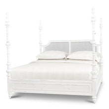 Load image into Gallery viewer, The Bramble Savannah Rattan Bed combines dramatic architectural presence with the natural warmth and texture of woven rattan. Its double-panel rattan headboard is framed by graceful curves and four elaborately turned posts inspired by the ornamental beauty of the Taj Mahal. A paneled footboard, matching side rails, carved finials, and warm wood finish complete the stately silhouette. Available in king and queen sizes. Good Bones Furniture
