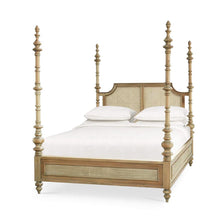 Load image into Gallery viewer, The Bramble Savannah Rattan Bed combines dramatic architectural presence with the natural warmth and texture of woven rattan. Its double-panel rattan headboard is framed by graceful curves and four elaborately turned posts inspired by the ornamental beauty of the Taj Mahal. A paneled footboard, matching side rails, carved finials, and warm wood finish complete the stately silhouette. Available in king and queen sizes. Good Bones Furniture
