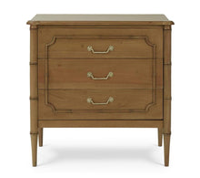 Load image into Gallery viewer, Classic faux bamboo with elevated detail. The Bramble Chelsea bedside table delivers a perfect balance of timeless coastal design and exceptional craftsmanship. Made from solid mahogany, this piece features elegant faux bamboo framing, tapered legs, and beautifully carved fretwork detailing on each drawer front. Solid brass hardware. Good Bones Furniture
