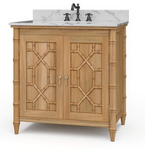 Load image into Gallery viewer, Bring a touch of classic charm &amp; modern sophistication to your bathroom with the Bramble Grosvenor Single Vanity. Featuring gorgeous faux bamboo fretwork on its two cabinet doors, this piece is a true showstopper that blends timeless design with functional luxury. Crafted from solid mahogany and available in a variety of finishes, this vanity is topped with a luxurious marble countertop and integrated sink. Good Bones Furniture
