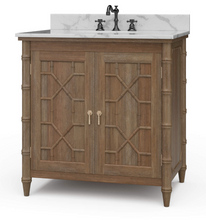 Load image into Gallery viewer, Bring a touch of classic charm &amp; modern sophistication to your bathroom with the Bramble Grosvenor Single Vanity. Featuring gorgeous faux bamboo fretwork on its two cabinet doors, this piece is a true showstopper that blends timeless design with functional luxury. Crafted from solid mahogany and available in a variety of finishes, this vanity is topped with a luxurious marble countertop and integrated sink. Good Bones Furniture
