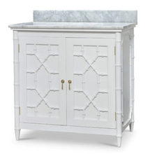 Load image into Gallery viewer, Bring a touch of classic charm &amp; modern sophistication to your bathroom with the Bramble Grosvenor Single Vanity. Featuring gorgeous faux bamboo fretwork on its two cabinet doors, this piece is a true showstopper that blends timeless design with functional luxury. Crafted from solid mahogany and available in a variety of finishes, this vanity is topped with a luxurious marble countertop and integrated sink. Good Bones Furniture
