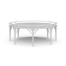 Load image into Gallery viewer, The Bramble Grosvenor Thrupence Coffee Table brings sculptural form and classic British-inspired detailing into a bold statement piece designed for sophisticated living spaces. Crafted from solid mahogany, the octagonal silhouette is framed by an architectural bamboo-inspired gallery rail that gives the table its distinctive presence and refined character. Good Bones Furniture
