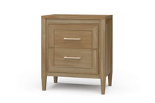 Load image into Gallery viewer, The Bramble Belgravia Bedside Table combines clean architectural lines with generous bedside storage. Crafted from solid mahogany, it features two spacious drawers with layered, inset molding that adds dimension to its tailored silhouette. Brass handles. Good Bones Furniture

