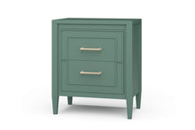 Load image into Gallery viewer, The Bramble Belgravia Bedside Table combines clean architectural lines with generous bedside storage. Crafted from solid mahogany, it features two spacious drawers with layered, inset molding that adds dimension to its tailored silhouette. Brass handles. Good Bones Furniture
