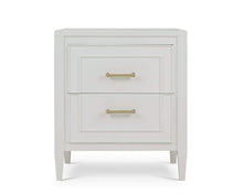 Load image into Gallery viewer, The Bramble Belgravia Bedside Table combines clean architectural lines with generous bedside storage. Crafted from solid mahogany, it features two spacious drawers with layered, inset molding that adds dimension to its tailored silhouette. Brass handles. Good Bones Furniture
