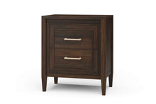 Load image into Gallery viewer, The Bramble Belgravia Bedside Table combines clean architectural lines with generous bedside storage. Crafted from solid mahogany, it features two spacious drawers with layered, inset molding that adds dimension to its tailored silhouette. Brass handles. Good Bones Furniture
