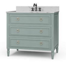 Load image into Gallery viewer, Upgrade your space with this stunning Bramble Cholet single bathroom vanity, where classic design meets modern functionality. Crafted from solid mahogany in a variety of finishes, this piece brings warmth and timeless beauty to any bathroom.
Topped with luxurious marble, with a white American Standard undermount sink. Good Bones Furniture
