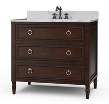Load image into Gallery viewer, Upgrade your space with this stunning Bramble Cholet single bathroom vanity, where classic design meets modern functionality. Crafted from solid mahogany in a variety of finishes, this piece brings warmth and timeless beauty to any bathroom.
Topped with luxurious marble, with a white American Standard undermount sink. Good Bones Furniture
