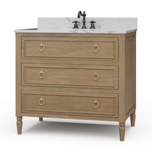 Load image into Gallery viewer, Upgrade your space with this stunning Bramble Cholet single bathroom vanity, where classic design meets modern functionality. Crafted from solid mahogany in a variety of finishes, this piece brings warmth and timeless beauty to any bathroom.
Topped with luxurious marble, with a white American Standard undermount sink. Good Bones Furniture
