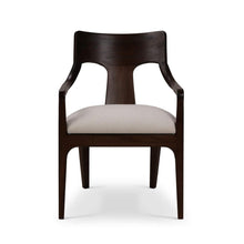 Load image into Gallery viewer, The Bramble Colorado Dining Armchair pairs sculptural lines with the lasting beauty of solid mahogany. Its gently curved backrest flows into slender arms, while an open-back design and tapered legs create a light, tailored silhouette. Generously cushioned seat upholstered in performance fabric. Good Bones Furniture
