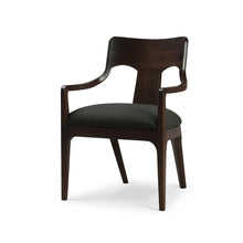 Load image into Gallery viewer, The Bramble Colorado Dining Armchair pairs sculptural lines with the lasting beauty of solid mahogany. Its gently curved backrest flows into slender arms, while an open-back design and tapered legs create a light, tailored silhouette. Generously cushioned seat upholstered in performance fabric. Good Bones Furniture
