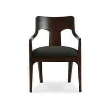 Load image into Gallery viewer, The Bramble Colorado Dining Armchair pairs sculptural lines with the lasting beauty of solid mahogany. Its gently curved backrest flows into slender arms, while an open-back design and tapered legs create a light, tailored silhouette. Generously cushioned seat upholstered in performance fabric. Good Bones Furniture
