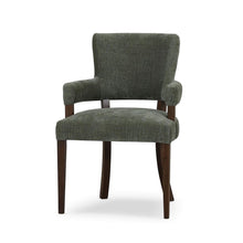 Load image into Gallery viewer, The Bramble Genevieve Dining Chair combines timeless elegance with unsurpassed comfort, making it a luxurious addition to any dining space. Handcrafted from solid mahogany, it boasts a sturdy frame and refined proportions. Padded arms and curved, padded back. Performance fabric. Good Bones Furniture
