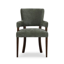 Load image into Gallery viewer, The Bramble Genevieve Dining Chair combines timeless elegance with unsurpassed comfort, making it a luxurious addition to any dining space. Handcrafted from solid mahogany, it boasts a sturdy frame and refined proportions. Padded arms and curved, padded back. Performance fabric. Good Bones Furniture
