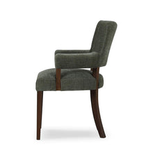 Load image into Gallery viewer, The Bramble Genevieve Dining Chair combines timeless elegance with unsurpassed comfort, making it a luxurious addition to any dining space. Handcrafted from solid mahogany, it boasts a sturdy frame and refined proportions. Padded arms and curved, padded back. Performance fabric. Good Bones Furniture

