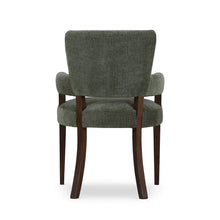 Load image into Gallery viewer, The Bramble Genevieve Dining Chair combines timeless elegance with unsurpassed comfort, making it a luxurious addition to any dining space. Handcrafted from solid mahogany, it boasts a sturdy frame and refined proportions. Padded arms and curved, padded back. Performance fabric. Good Bones Furniture
