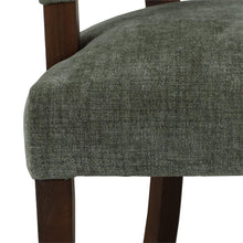 Load image into Gallery viewer, The Bramble Genevieve Dining Chair combines timeless elegance with unsurpassed comfort, making it a luxurious addition to any dining space. Handcrafted from solid mahogany, it boasts a sturdy frame and refined proportions. Padded arms and curved, padded back. Performance fabric. Good Bones Furniture
