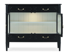 Load image into Gallery viewer, The Bramble Grosvenor Sideboard blends elegant display space with practical storage. Crafted from solid mahogany, it features two glass-front doors, a spacious illuminated interior, and a full-width shelf for displaying glassware, serving pieces, or treasured collections. Four drawers keep smaller essentials neatly organized. Bamboo-inspired moldings, tapered legs, and brass-finished hardware lend the piece a refined, tailored character. Good Bones Furniture
