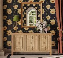 Load image into Gallery viewer, The Bramble Knightsbridge Sideboard offers generous storage in an exceptionally slim profile. Crafted from solid mahogany, its three doors feature geometric fretwork-inspired molding and classic ring pulls. Interior shelving keeps serving pieces, linens, or everyday essentials neatly organized, while the narrow depth makes it especially well suited for hallways, dining rooms, and compact entryways. Good Bones Furniture
