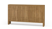 Load image into Gallery viewer, The Bramble Knightsbridge Sideboard offers generous storage in an exceptionally slim profile. Crafted from solid mahogany, its three doors feature geometric fretwork-inspired molding and classic ring pulls. Interior shelving keeps serving pieces, linens, or everyday essentials neatly organized, while the narrow depth makes it especially well suited for hallways, dining rooms, and compact entryways. Good Bones Furniture
