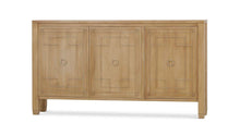 Load image into Gallery viewer, The Bramble Knightsbridge Sideboard offers generous storage in an exceptionally slim profile. Crafted from solid mahogany, its three doors feature geometric fretwork-inspired molding and classic ring pulls. Interior shelving keeps serving pieces, linens, or everyday essentials neatly organized, while the narrow depth makes it especially well suited for hallways, dining rooms, and compact entryways. Good Bones Furniture
