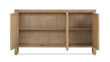Load image into Gallery viewer, The Bramble Knightsbridge Sideboard offers generous storage in an exceptionally slim profile. Crafted from solid mahogany, its three doors feature geometric fretwork-inspired molding and classic ring pulls. Interior shelving keeps serving pieces, linens, or everyday essentials neatly organized, while the narrow depth makes it especially well suited for hallways, dining rooms, and compact entryways. Good Bones Furniture
