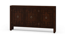 Load image into Gallery viewer, The Bramble Knightsbridge Sideboard offers generous storage in an exceptionally slim profile. Crafted from solid mahogany, its three doors feature geometric fretwork-inspired molding and classic ring pulls. Interior shelving keeps serving pieces, linens, or everyday essentials neatly organized, while the narrow depth makes it especially well suited for hallways, dining rooms, and compact entryways. Good Bones Furniture
