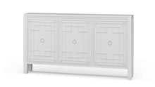 Load image into Gallery viewer, The Bramble Knightsbridge Sideboard offers generous storage in an exceptionally slim profile. Crafted from solid mahogany, its three doors feature geometric fretwork-inspired molding and classic ring pulls. Interior shelving keeps serving pieces, linens, or everyday essentials neatly organized, while the narrow depth makes it especially well suited for hallways, dining rooms, and compact entryways. Good Bones Furniture
