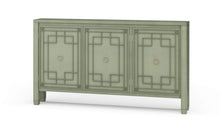 Load image into Gallery viewer, The Bramble Knightsbridge Sideboard offers generous storage in an exceptionally slim profile. Crafted from solid mahogany, its three doors feature geometric fretwork-inspired molding and classic ring pulls. Interior shelving keeps serving pieces, linens, or everyday essentials neatly organized, while the narrow depth makes it especially well suited for hallways, dining rooms, and compact entryways. Good Bones Furniture
