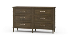 Load image into Gallery viewer, The Bramble Martinique 6 Drawer Dresser blends timeless craftsmanship with relaxed island-inspired styling. Constructed from solid mahogany, this beautifully detailed dresser features carved rope molding around each drawer front, bamboo-inspired corner posts, tapered legs, and elegant brushed metal hardware. Good Bones Furniture
