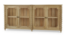 Load image into Gallery viewer, The Bramble Milano Sideboard blends traditional craftsmanship with eye-catching detail, making it the perfect statement piece for dining rooms, living spaces, or entryways. Handcrafted from solid mahogany, it features elegant stacked turning details and four framed glass-panel cabinet doors. Good Bones Furniture
