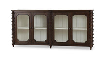 Load image into Gallery viewer, The Bramble Milano Sideboard blends traditional craftsmanship with eye-catching detail, making it the perfect statement piece for dining rooms, living spaces, or entryways. Handcrafted from solid mahogany, it features elegant stacked turning details and four framed glass-panel cabinet doors. Good Bones Furniture
