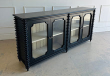 Load image into Gallery viewer, The Bramble Milano Sideboard blends traditional craftsmanship with eye-catching detail, making it the perfect statement piece for dining rooms, living spaces, or entryways. Handcrafted from solid mahogany, it features elegant stacked turning details and four framed glass-panel cabinet doors. Good Bones Furniture
