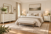 Load image into Gallery viewer, The Camelot Dresser blends refined simplicity with enduring craftsmanship. Built from solid mango wood and mango wood veneers, this six-drawer dresser is designed with clean, elegant lines and dovetailed drawer construction—ensuring it's as durable as it is beautiful. Each of the six spacious drawers glides smoothly on metal undermount self closing glides. Good Bones Furniture
