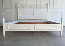 Load image into Gallery viewer, Finished in Shell White, the surface has an artisan, hand-finished character that highlights the carved faux bamboo detailing and panel work. The white tone keeps the look fresh and versatile, making it easy to pair with traditional, coastal, transitional, or modern interiors. Canton Bed by Phillips Scott.
