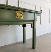 Load image into Gallery viewer, A striking blend of Ming-inspired form and refined modern lacquer, this vintage console by Century Furniture has been professionally refinished in a custom gloss green that transforms the piece into a bold yet timeless statement. Chinoiserie. Good Bones Furniture
