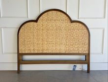 Load image into Gallery viewer, Bring a little softness and natural texture to your bedroom with the Chloe Scalloped Rattan Headboard. Its graceful scalloped silhouette frames a natural rattan inset, creating a warm, inviting focal point above the bed. The Straw Wash finish gives the frame a gently lightwashed look, making it easy to pair with layered linens and collected accents. Good Bones Furniture
