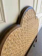 Load image into Gallery viewer, Bring a little softness and natural texture to your bedroom with the Chloe Scalloped Rattan Headboard. Its graceful scalloped silhouette frames a natural rattan inset, creating a warm, inviting focal point above the bed. The Straw Wash finish gives the frame a gently lightwashed look, making it easy to pair with layered linens and collected accents. Good Bones Furniture
