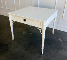 Load image into Gallery viewer, The Dunehaven Bamboo Game Table creates an inviting spot for cards, Mahjong, or an intimate conversation, with a square top that brings everyone within easy reach. Bamboo-inspired trim, turned legs, and curved stretcher details give it the collected character of a timeless favorite. Good Bones Furniture
