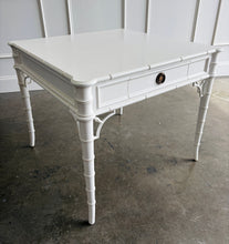 Load image into Gallery viewer, The Dunehaven Bamboo Game Table creates an inviting spot for cards, Mahjong, or an intimate conversation, with a square top that brings everyone within easy reach. Bamboo-inspired trim, turned legs, and curved stretcher details give it the collected character of a timeless favorite. Good Bones Furniture
