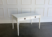 Load image into Gallery viewer, The new Dunehaven Bamboo Writing Desk brings the warmth and character of classic bamboo-inspired design to your home office, bedroom, or favorite writing corner. Its gently rounded trim, turned legs, and rich wood grain give the piece a collected, timeless feel, while two drawers keep papers and everyday essentials close at hand. Good Bones Furniture
