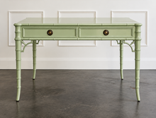 Load image into Gallery viewer, The new Dunehaven Bamboo Writing Desk brings the warmth and character of classic bamboo-inspired design to your home office, bedroom, or favorite writing corner. Its gently rounded trim, turned legs, and rich wood grain give the piece a collected, timeless feel, while two drawers keep papers and everyday essentials close at hand. Good Bones Furniture
