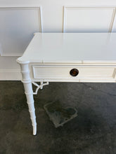 Load image into Gallery viewer, The new Dunehaven Bamboo Writing Desk brings the warmth and character of classic bamboo-inspired design to your home office, bedroom, or favorite writing corner. Its gently rounded trim, turned legs, and rich wood grain give the piece a collected, timeless feel, while two drawers keep papers and everyday essentials close at hand. Good Bones Furniture
