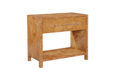 Load image into Gallery viewer, The Fremont Nightstand brings the same clean, architectural presence as the larger pieces in the collection, scaled for bedside use. Wrapped in a striking burled ash finish, the natural movement of the wood creates a bold, organic pattern that contrasts beautifully with its structured silhouette. Good Bones Furniture

