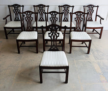 Load image into Gallery viewer, Classic craftsmanship never goes out of style. This exceptional set of eight Henredon Chippendale dining chairs showcases the artistry and quality that made Henredon one of America's premier furniture makers. Crafted from richly finished mahogany, each chair features an intricately carved pierced splat back inspired by 18th-century Chippendale designs, accented with elegant detailing and crisp architectural lines. Good Bones Furniture

