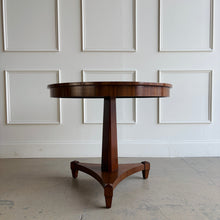 Load image into Gallery viewer, The Maison finish is a rich dark walnut enhanced with hand-burnished edges, cow tailing, and a light antique spatter—details that add depth and a softly aged, high-end character without feeling rustic. A sculptural pedestal base grounds the silhouette while keeping the profile visually clean and elegant.
