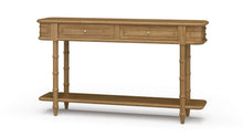 Load image into Gallery viewer, The Bramble Hurlingham Console Table pairs the strength and longevity of solid mahogany with the relaxed character of faux-bamboo furniture. Sculpted bamboo-inspired legs, wrapped corner details, and decorative drawer fronts create an elegant, textural silhouette. Two drawers provide convenient concealed storage, while the full-length lower shelf offers space for baskets or decorative objects. Good Bones Furniture
