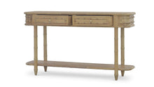 Load image into Gallery viewer, The Bramble Hurlingham Console Table pairs the strength and longevity of solid mahogany with the relaxed character of faux-bamboo furniture. Sculpted bamboo-inspired legs, wrapped corner details, and decorative drawer fronts create an elegant, textural silhouette. Two drawers provide convenient concealed storage, while the full-length lower shelf offers space for baskets or decorative objects. Good Bones Furniture
